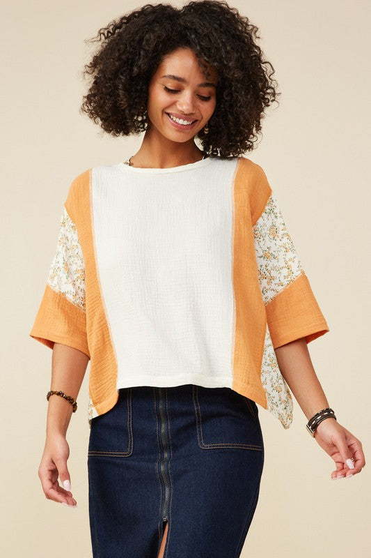 Apricot Floral Patchwork Gauze Top