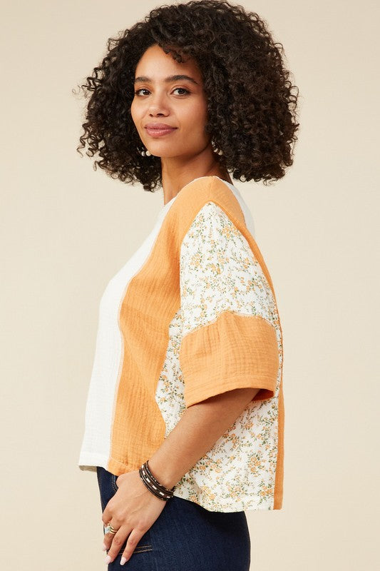Apricot Floral Patchwork Gauze Top