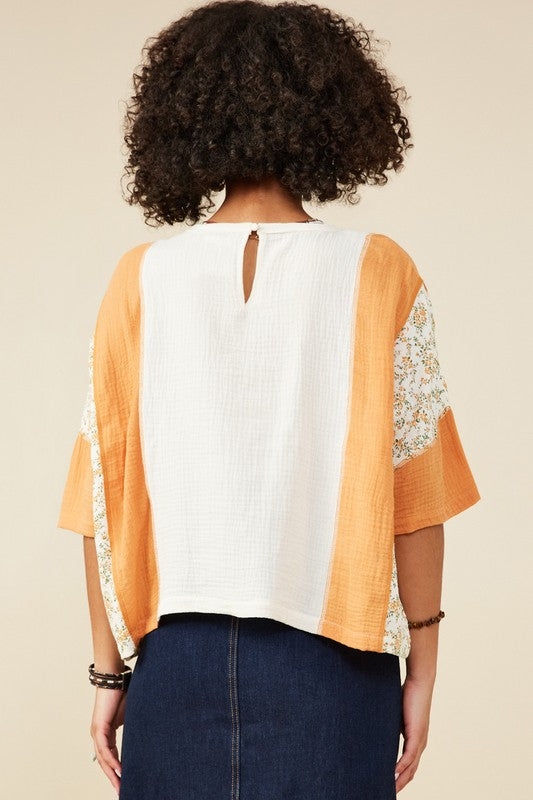 Apricot Floral Patchwork Gauze Top