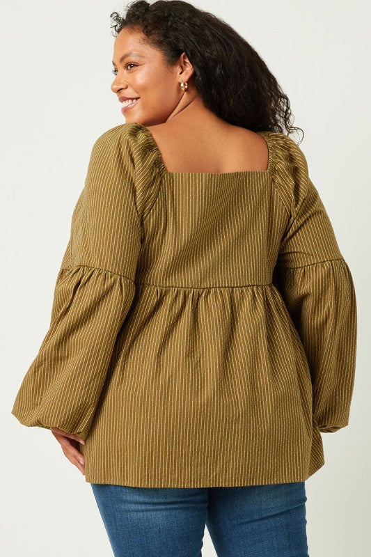 Plus Olive Floral Embroidered Puff Sleeve
