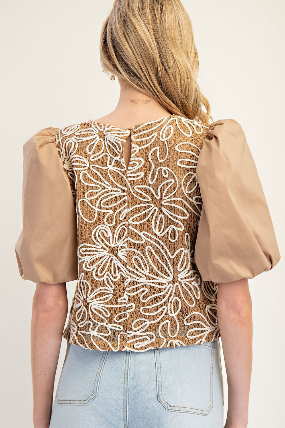 Taupe Embroidered Puff Sleeve
