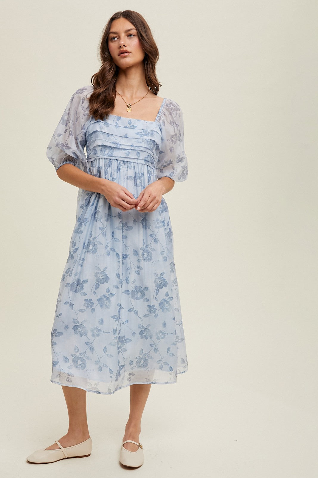 The Charlotte| Blue Floral Pleated Midi Dress