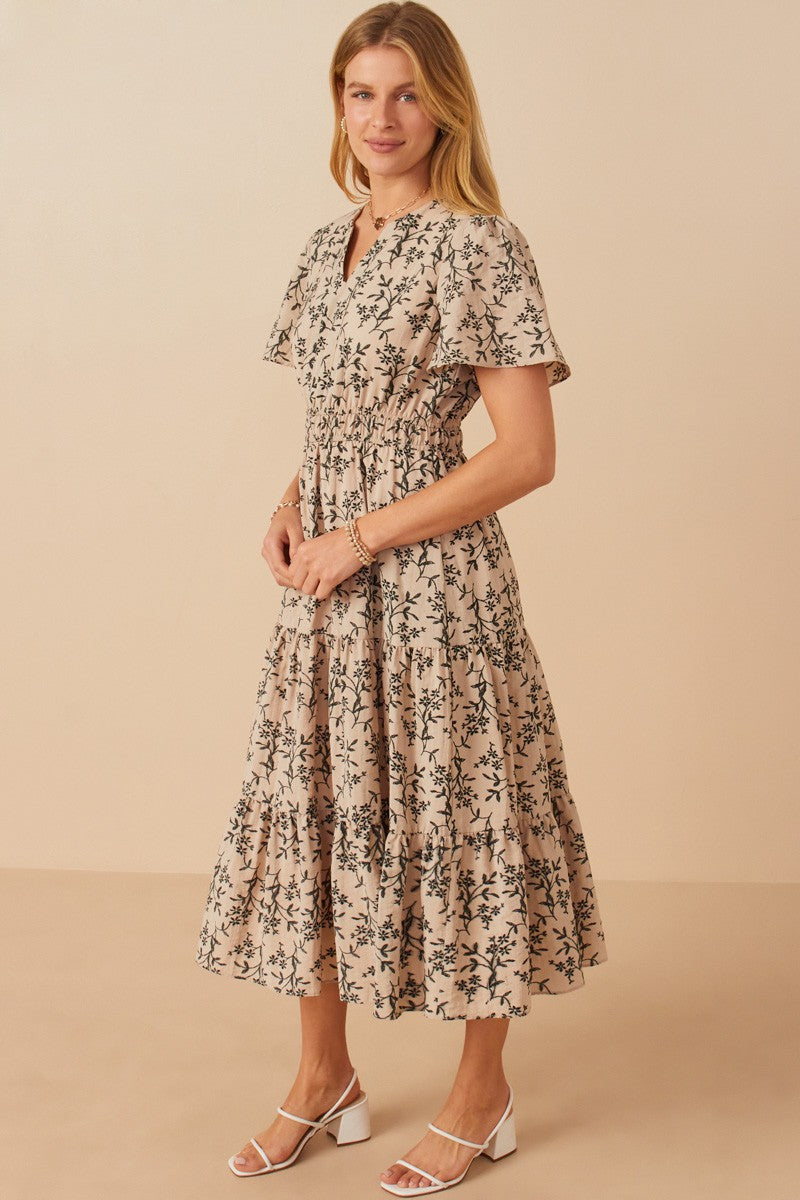 The Winnie| Taupe Floral Cinch Waist Midi Dress