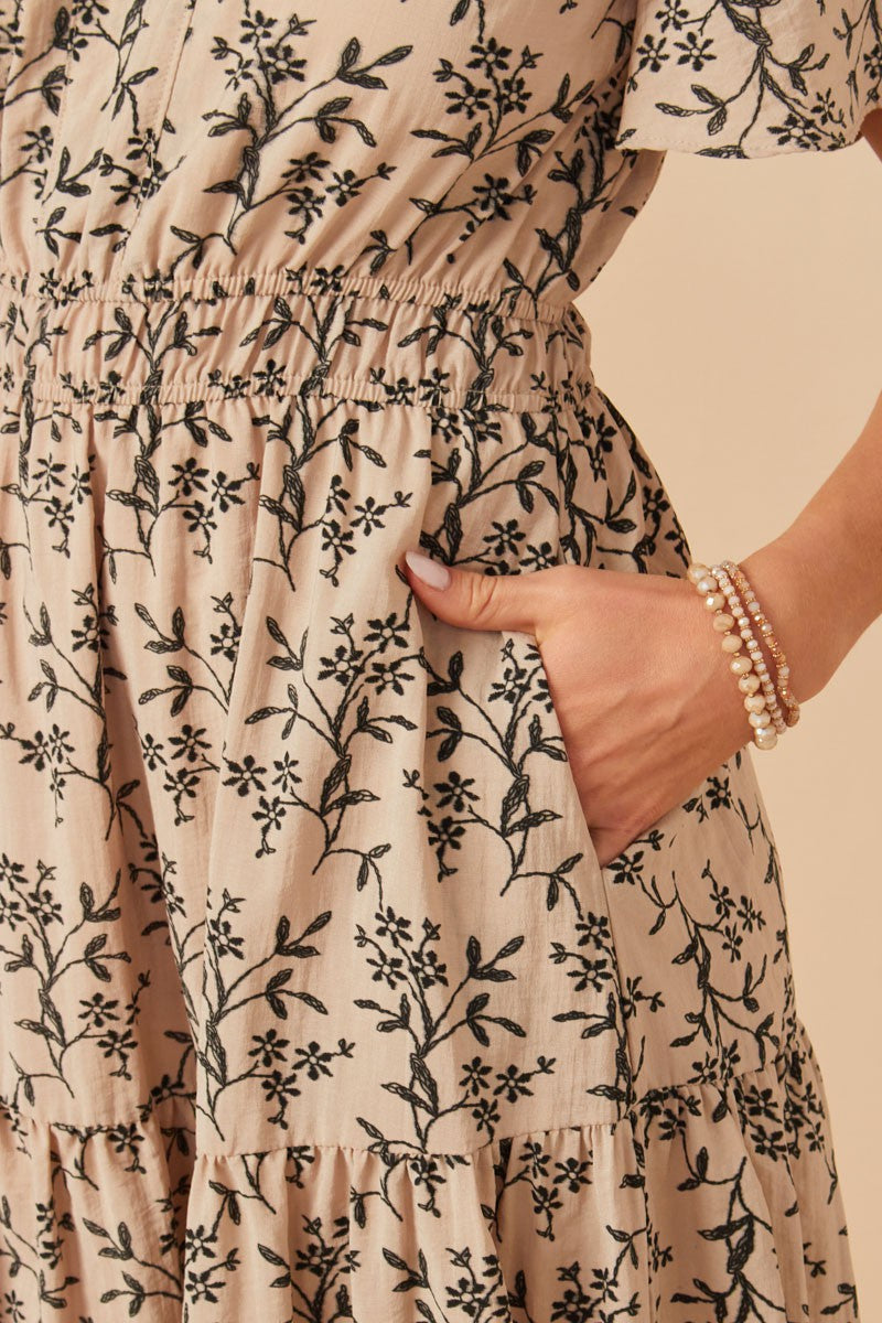 The Winnie| Taupe Floral Cinch Waist Midi Dress