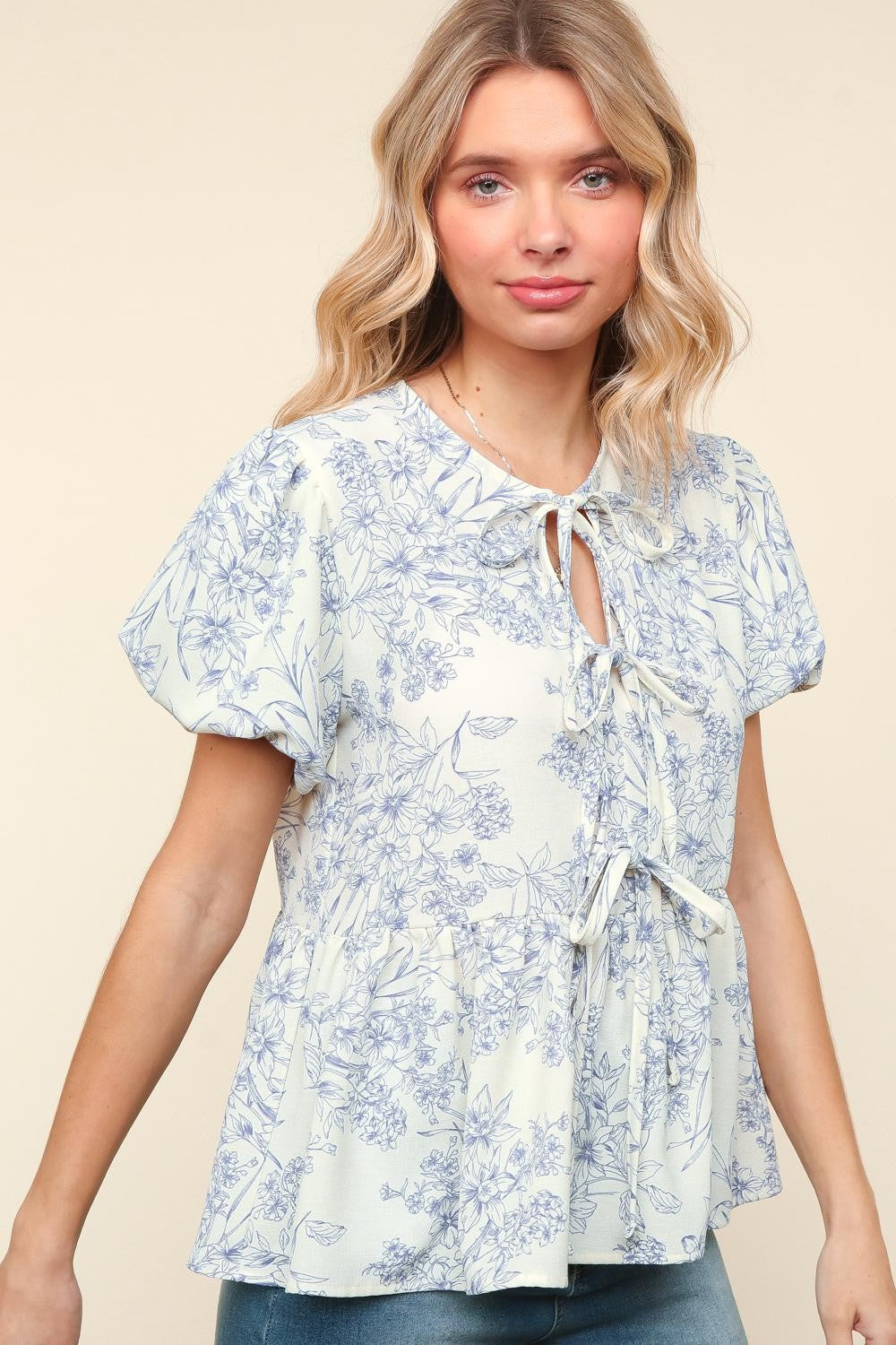 Ribbon Tie Floral Woven Blouse