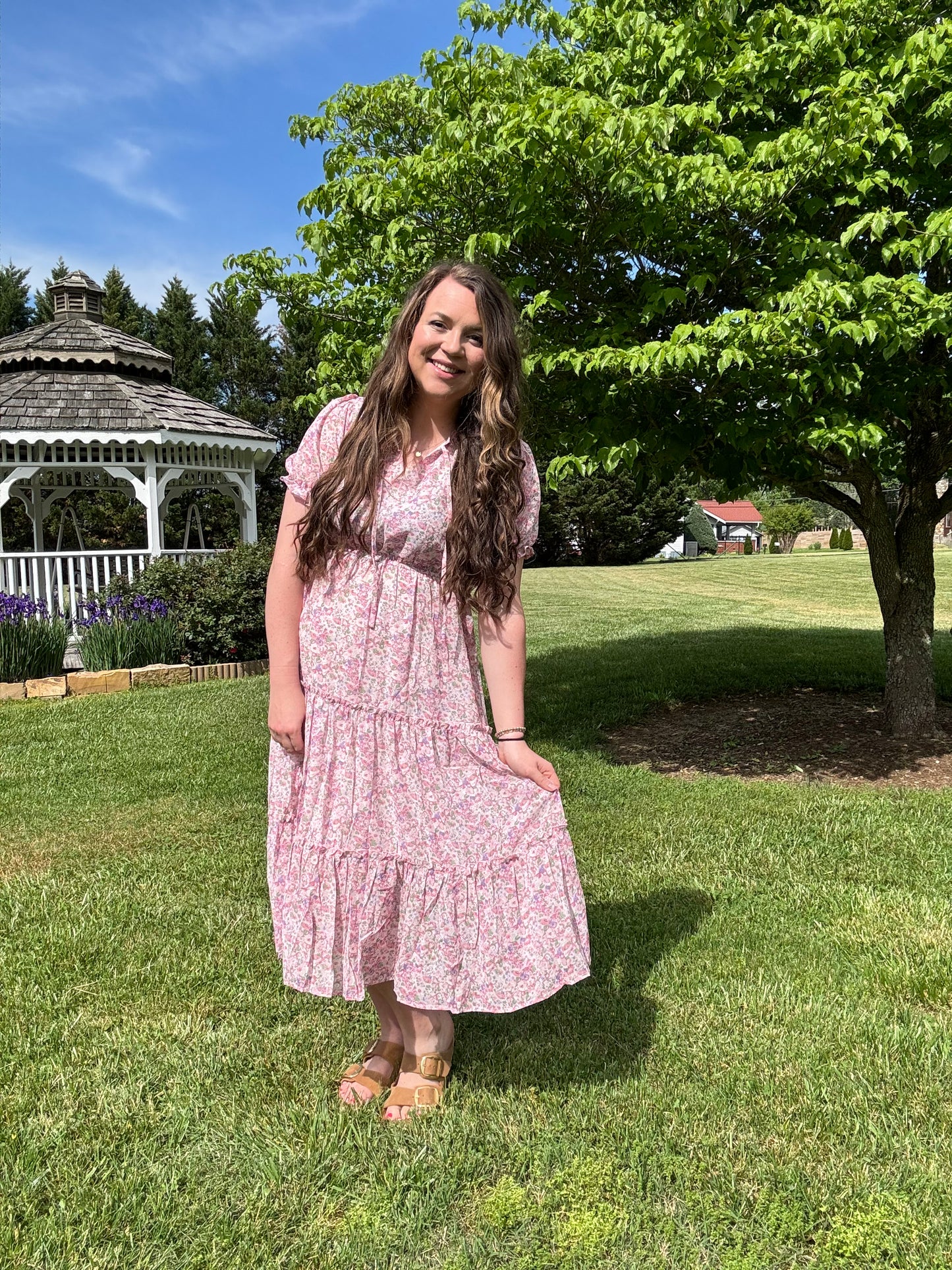 The Grace| Pink Floral Chiffon Midi Dress