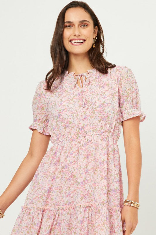 The Grace| Pink Floral Chiffon Midi Dress