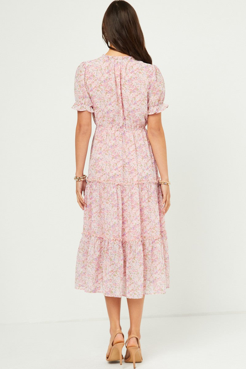 The Grace| Pink Floral Chiffon Midi Dress