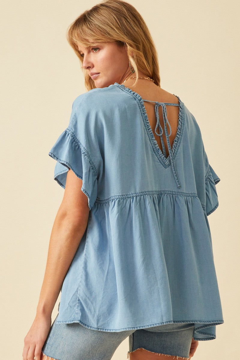 Light Denim Frayed V Neck Top
