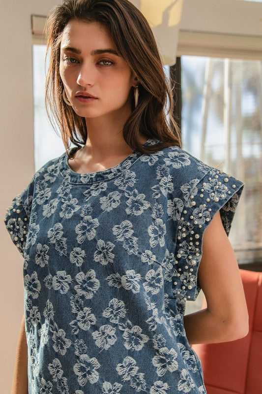 Denim Washed Floral and Pearl Detail Top
