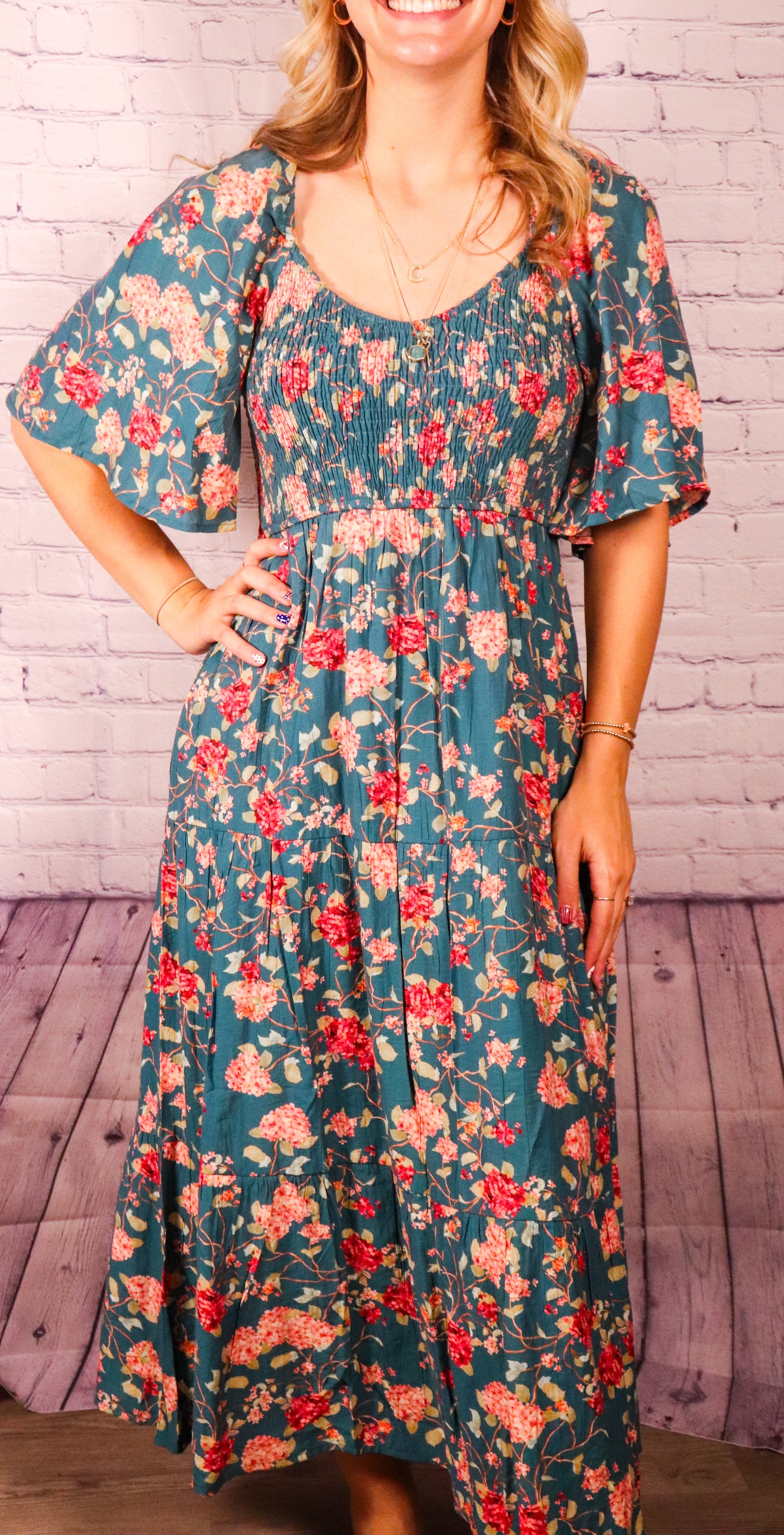 The Clara| Teal Floral Flutter Sleeve Midi Dress