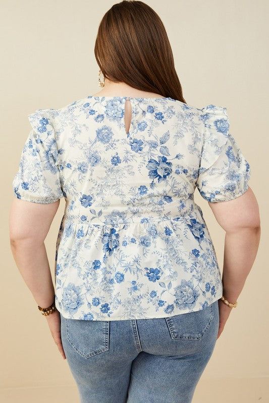 Plus Antique Blue Floral Lace Trimmed Top