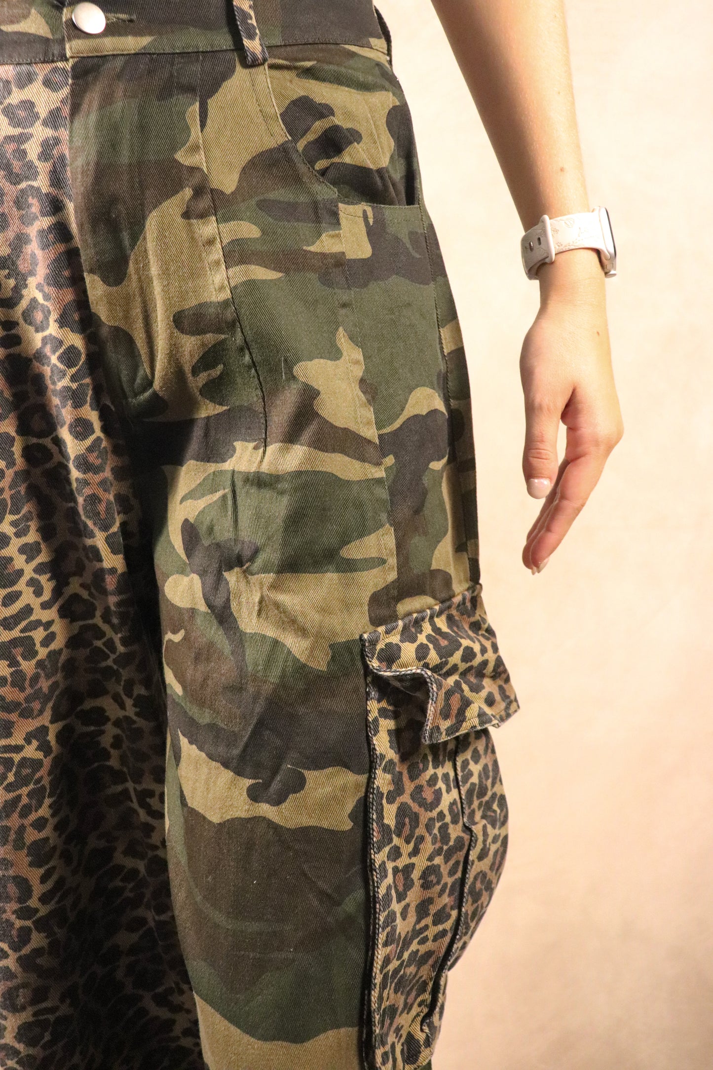 Leopard and Camo Mixed Cargo Pocket Pants
