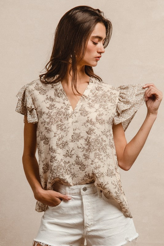 Taupe Woven Mixed Print Top