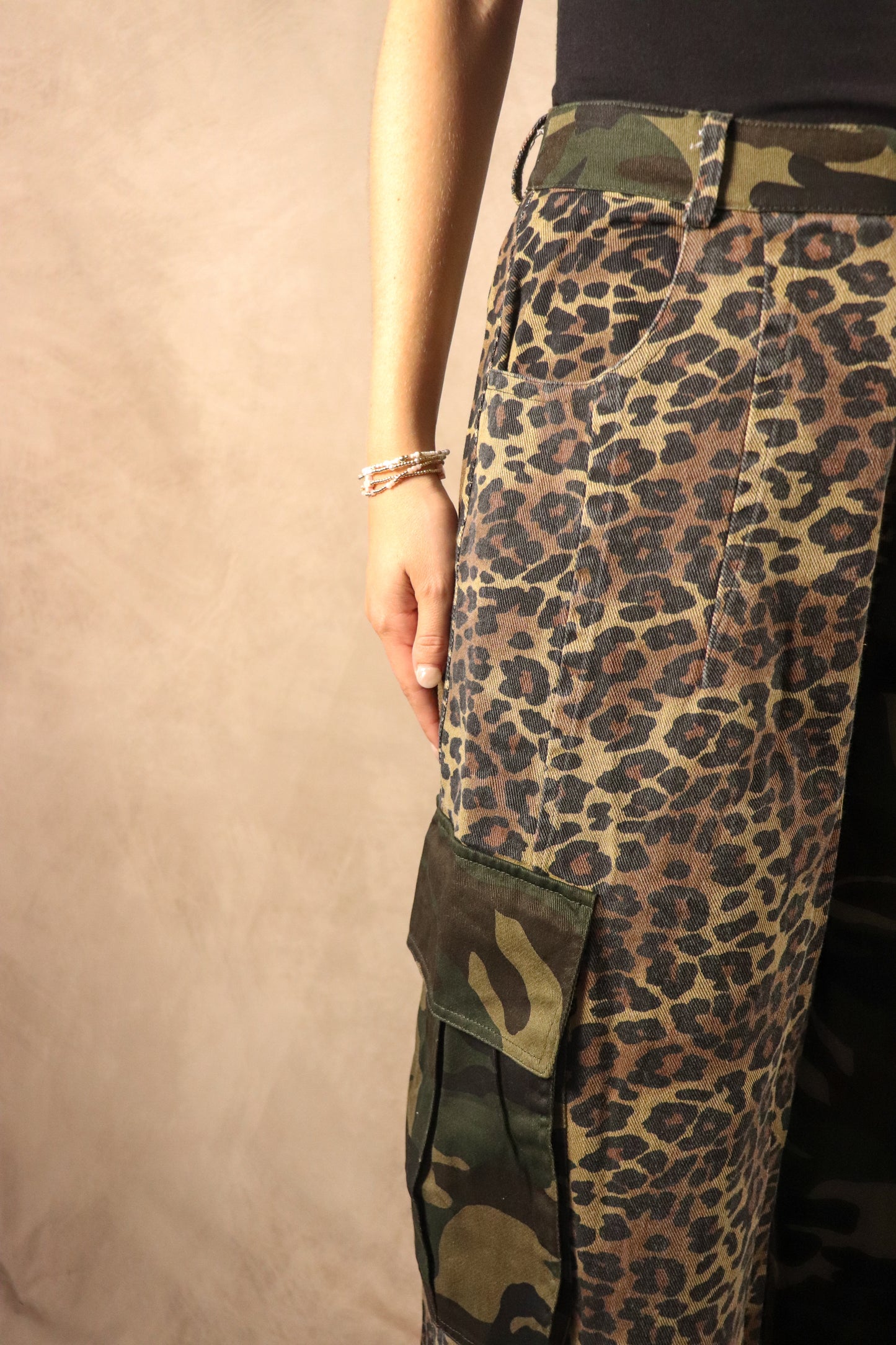Leopard and Camo Mixed Cargo Pocket Pants