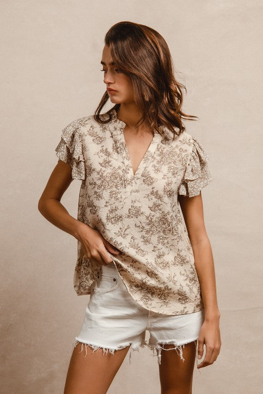 Taupe Woven Mixed Print Top