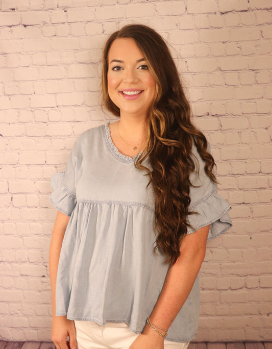 Light Denim Frayed V Neck Top
