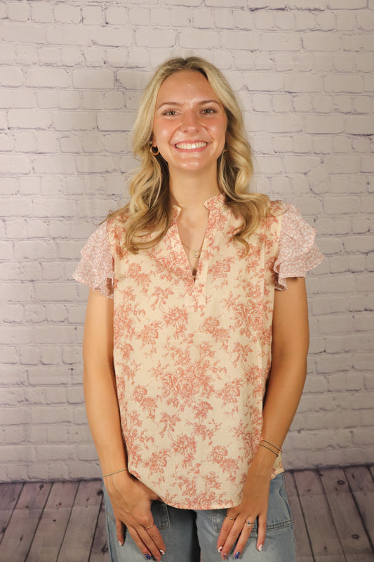Mauve Floral Print Mix Woven Top
