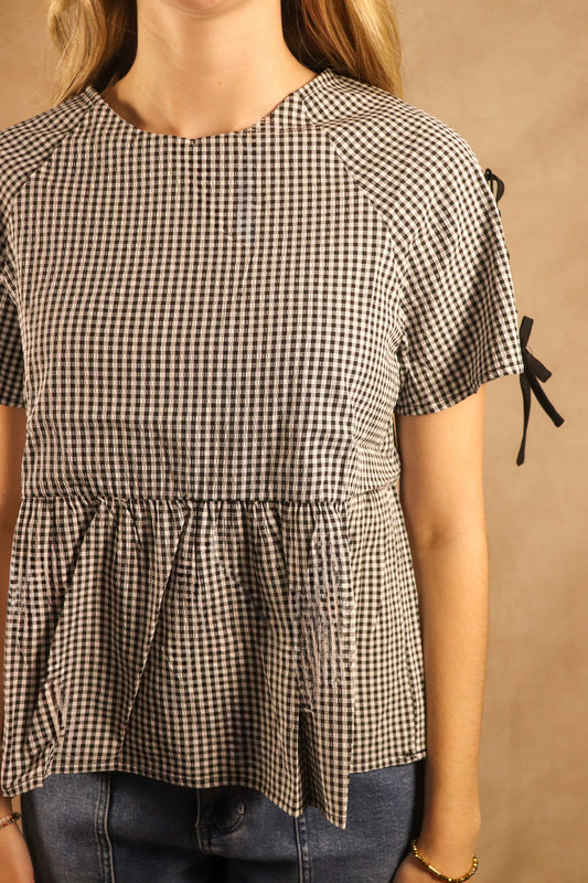 Black Ribbon Gingham Babydoll Top