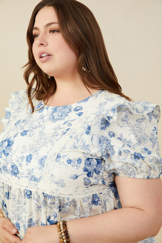 Plus Antique Blue Floral Lace Trimmed Top