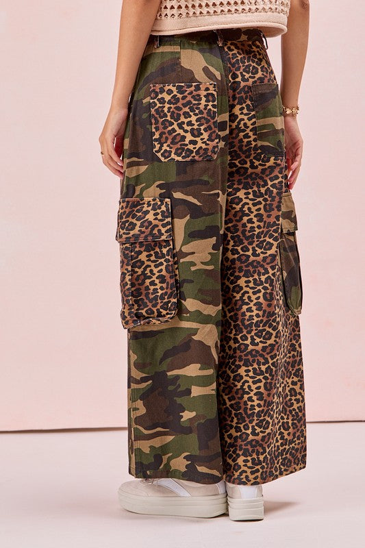Leopard and Camo Mixed Cargo Pocket Pants