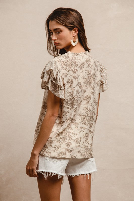 Taupe Woven Mixed Print Top