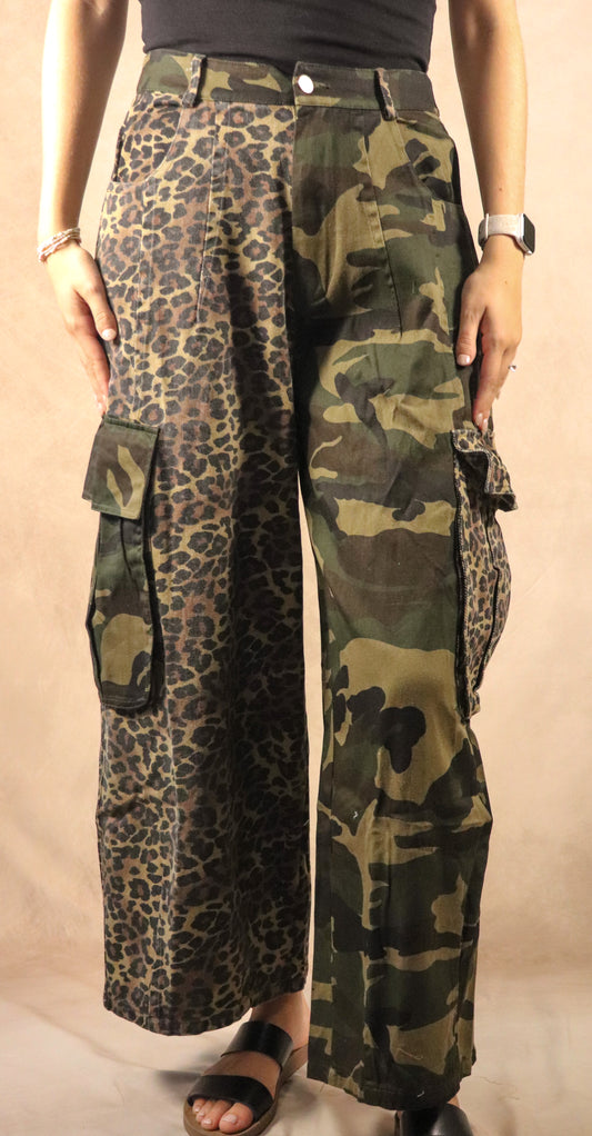 Leopard and Camo Mixed Cargo Pocket Pants