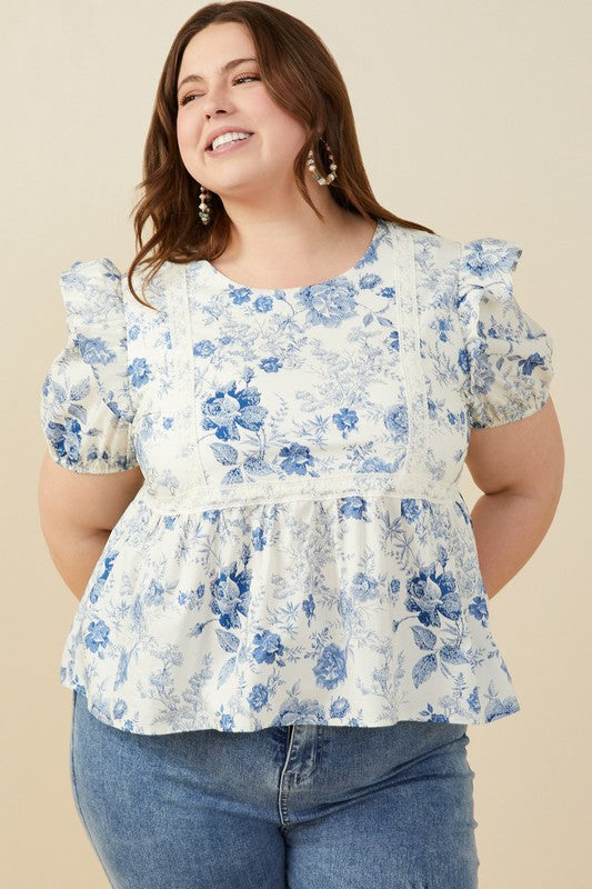 Plus Antique Blue Floral Lace Trimmed Top