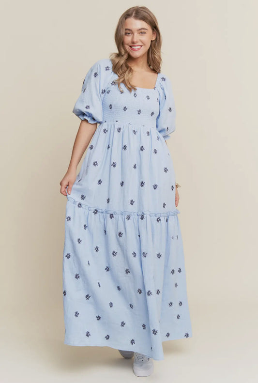 The Layla| Dusty Blue Floral Embroidered Maxi Dress