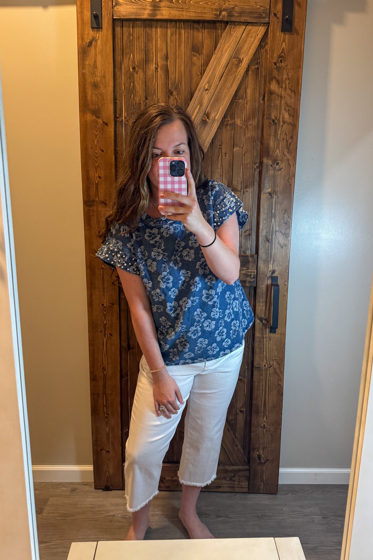 Denim Washed Floral and Pearl Detail Top