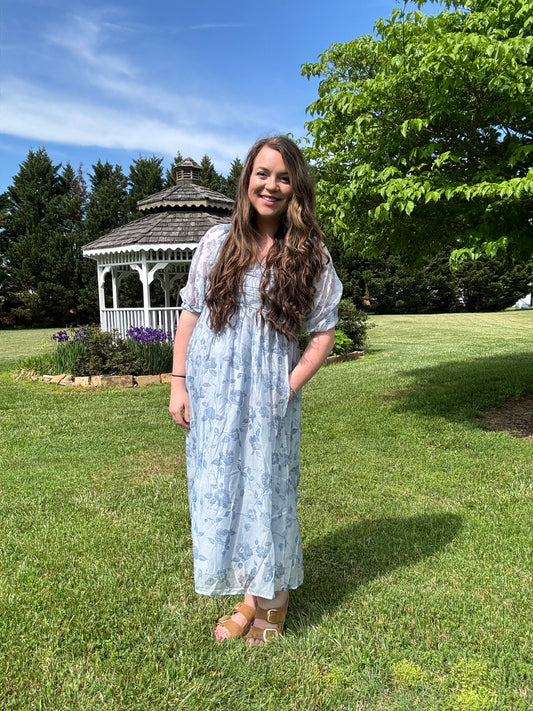 The Charlotte| Blue Floral Pleated Midi Dress
