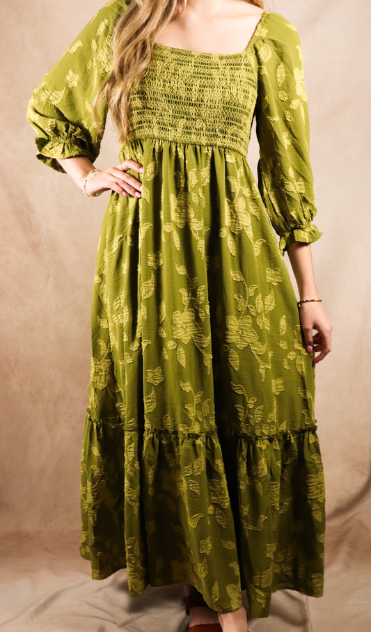 The Macy| Olive Floral Smocked Maxi Dress