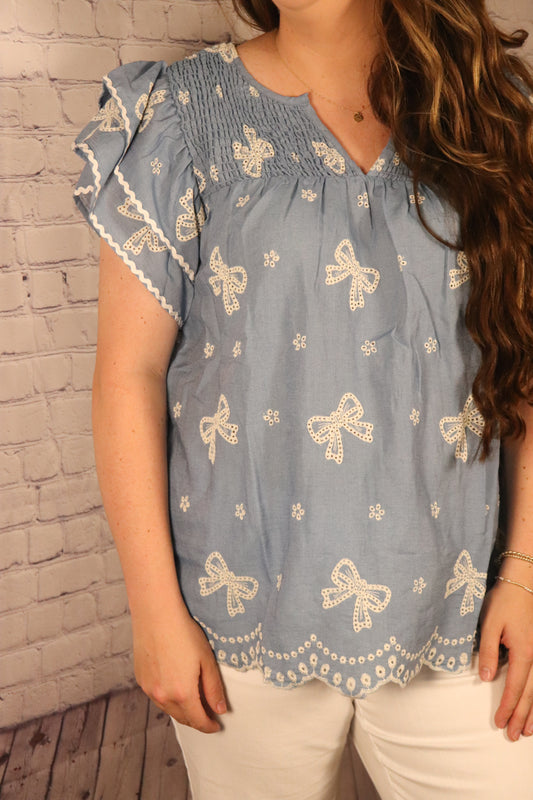 Embroidered Chambray Top