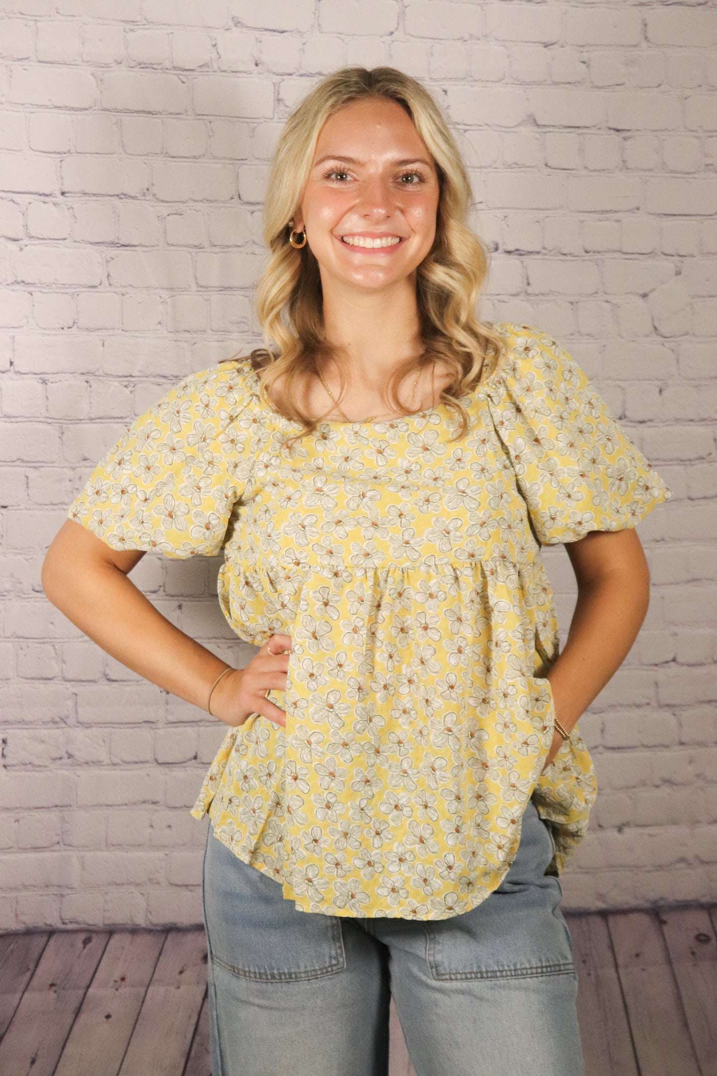 Mustard Floral Print Square Neck Top