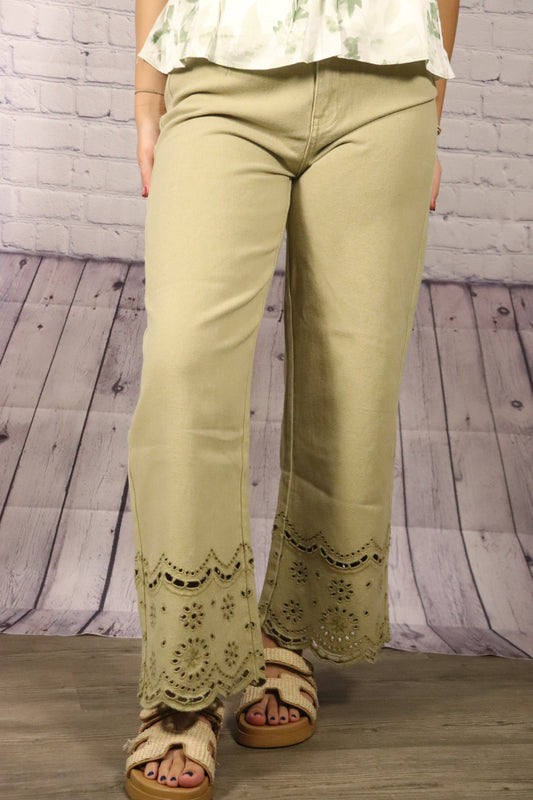 Washed Olive Embroidered Pants