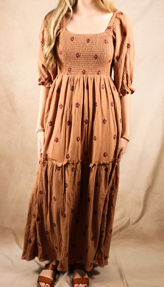 The Sadie| Mocha Floral Embroidered Maxi Dress