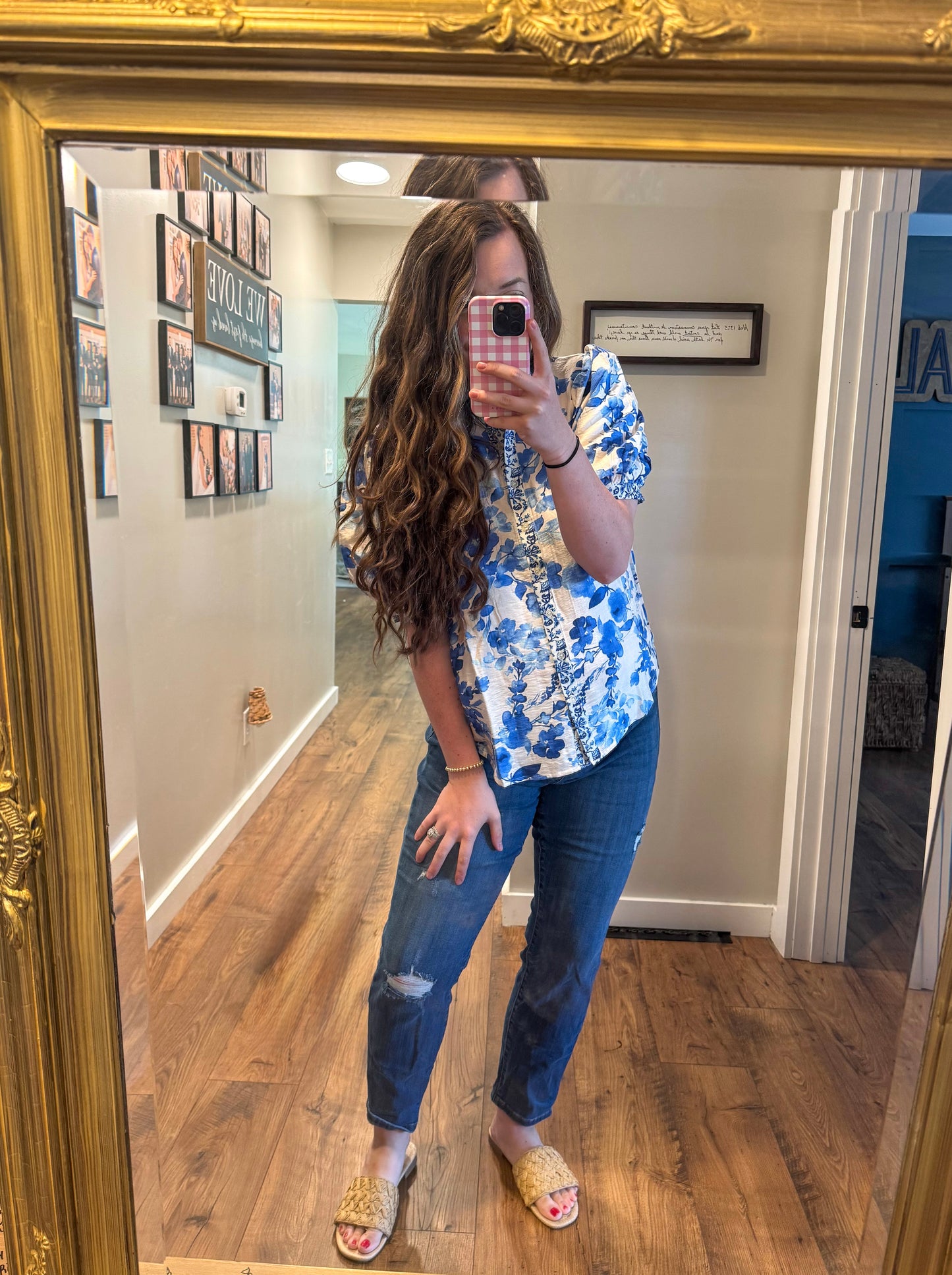 Flower Print Puffed Sleeves Top