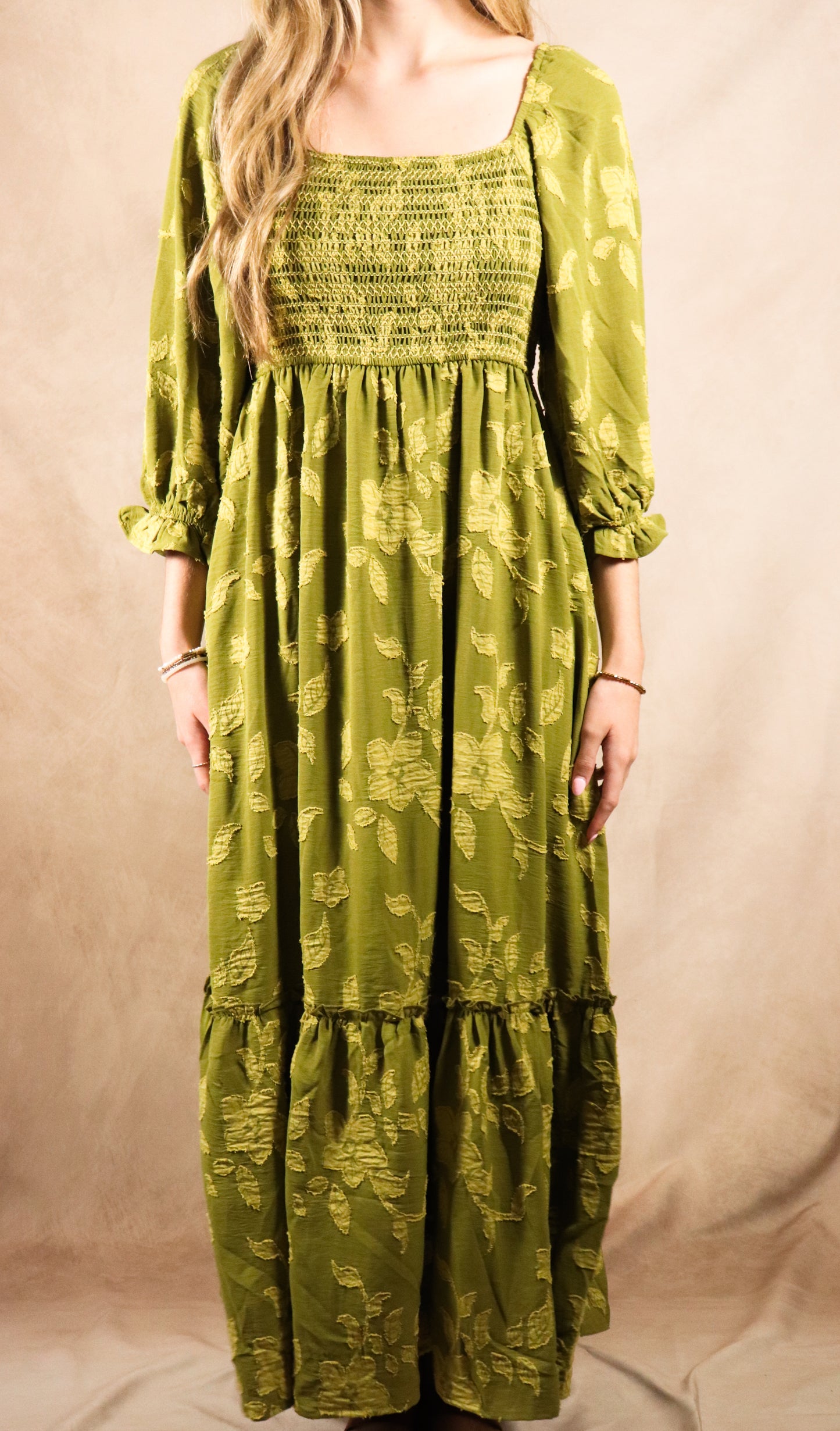 The Macy| Olive Floral Smocked Maxi Dress