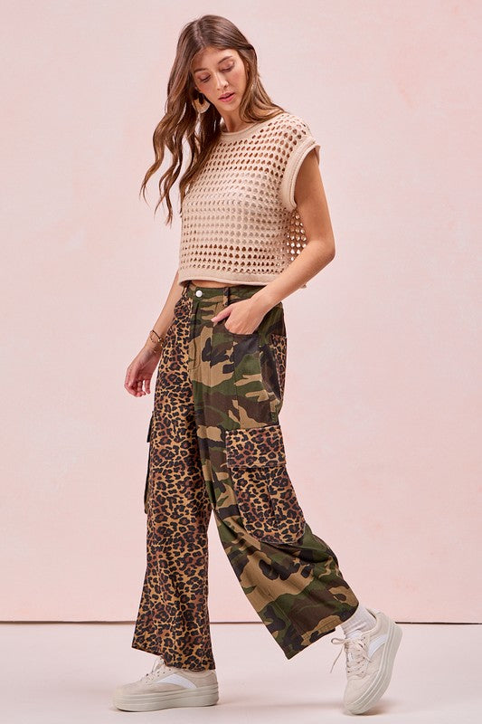 Leopard and Camo Mixed Cargo Pocket Pants