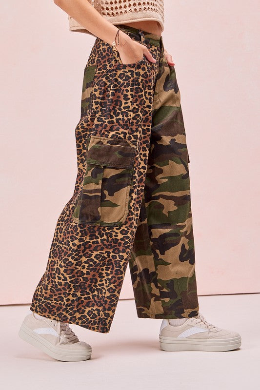 Leopard and Camo Mixed Cargo Pocket Pants