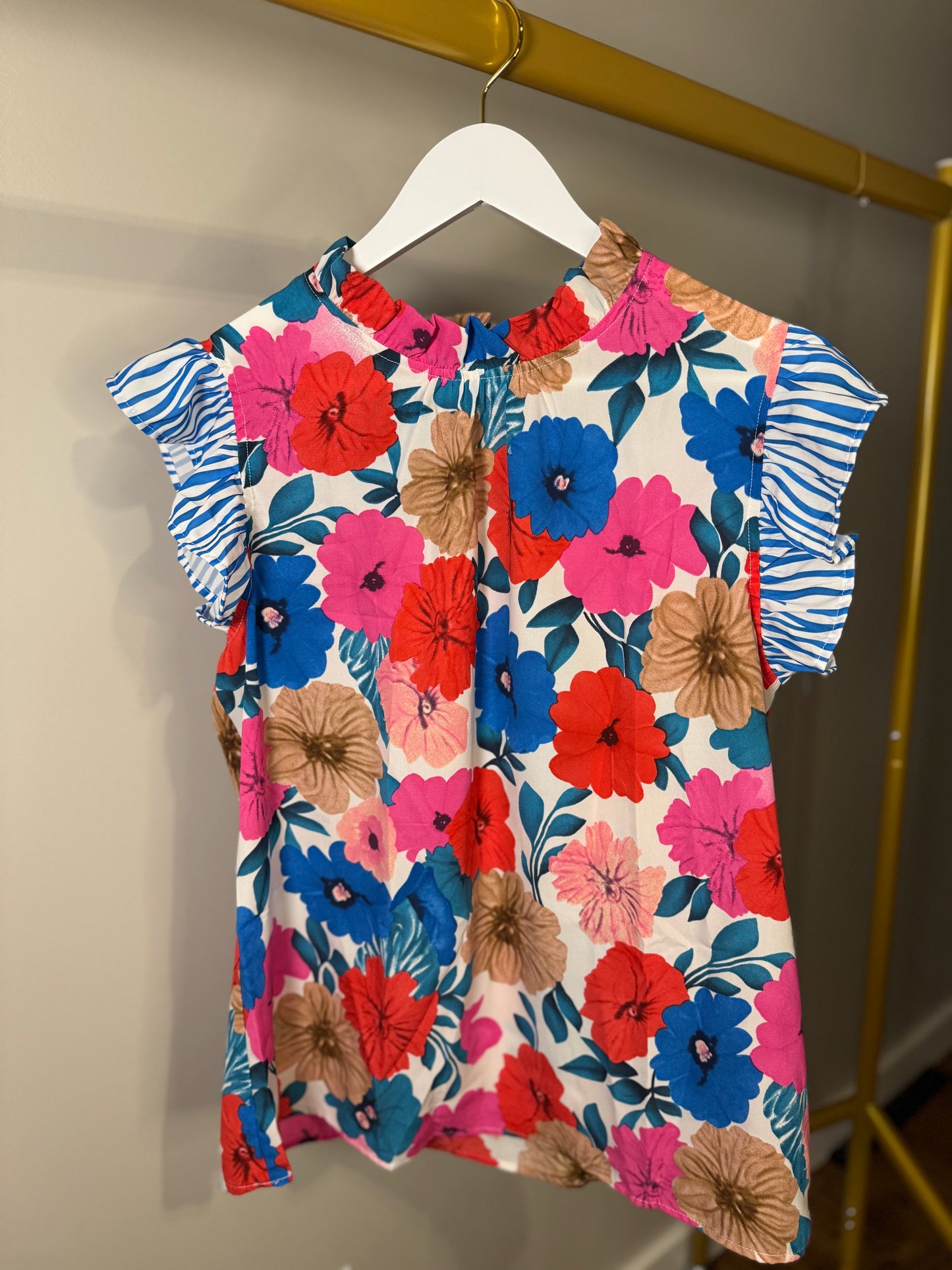 Floral Striped Flutter Sleeve Blouse