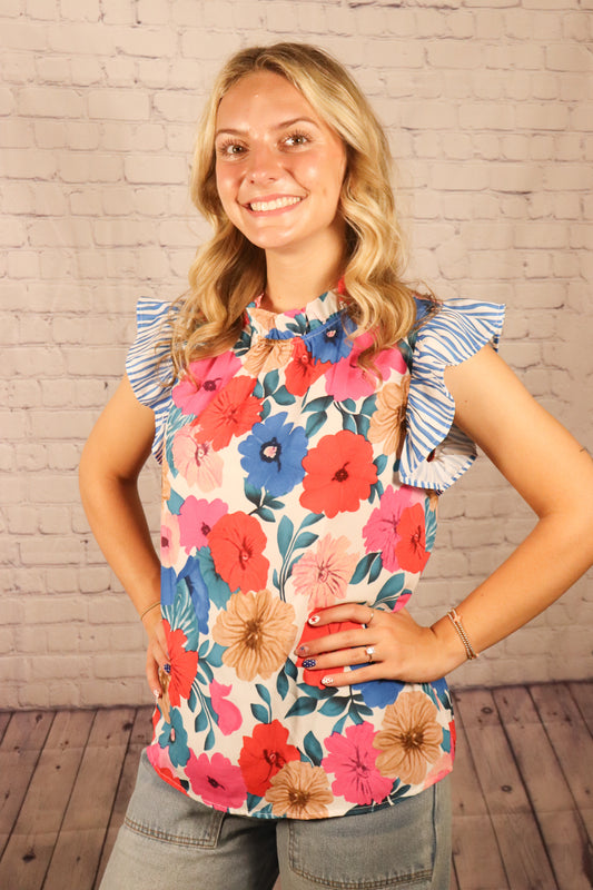 Floral Striped Flutter Sleeve Blouse