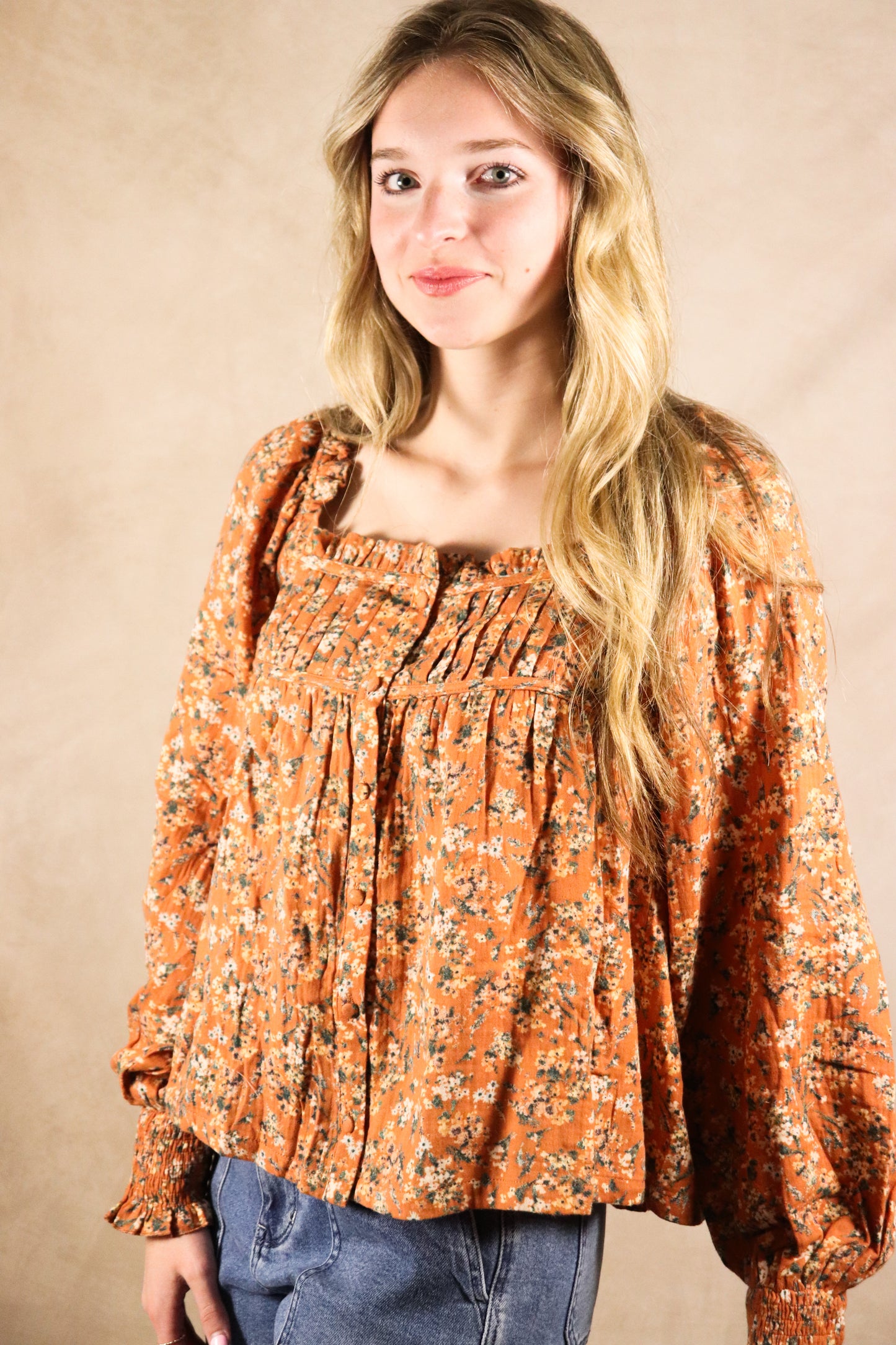 Rust Square Neck Floral Top