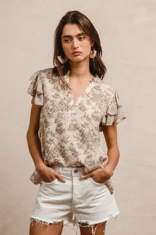 Taupe Woven Mixed Print Top