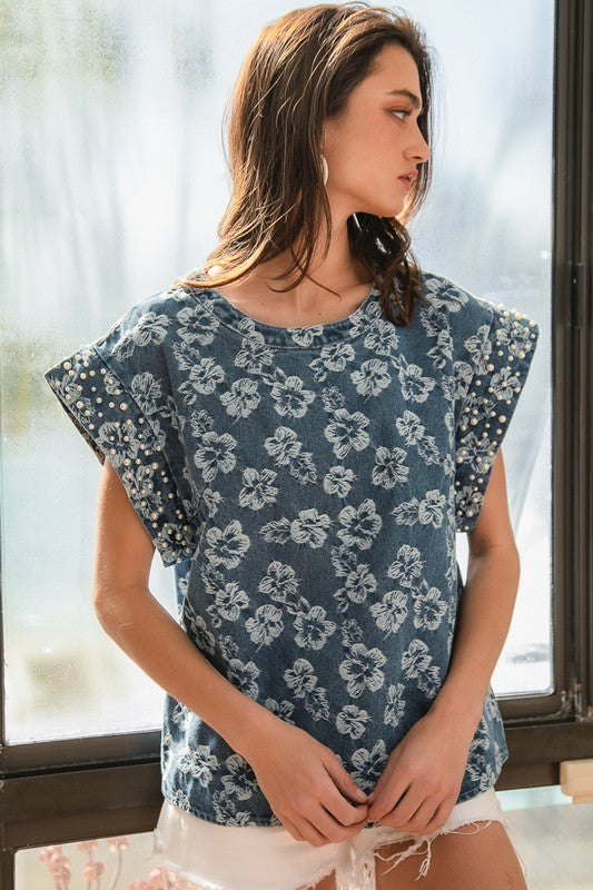 Denim Washed Floral and Pearl Detail Top