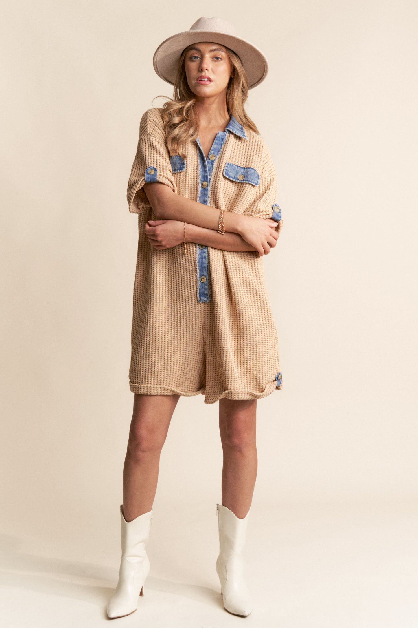 Waffle Knit Button Down Short Romper