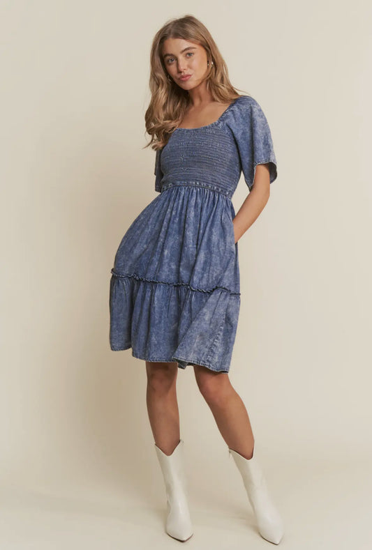 The Anna| Washed Denim Smocked Sundress