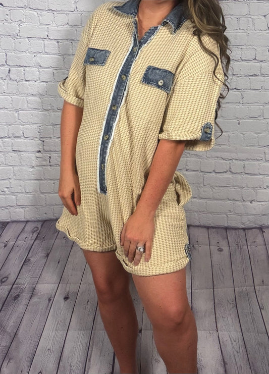 Waffle Knit Button Down Short Romper