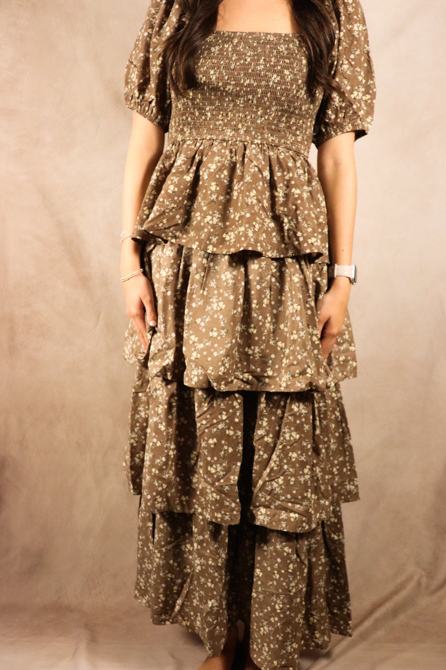 The Victoria| Mocha Square Neck Smocked Maxi Dress