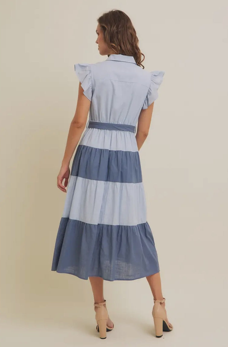 The Patsy| Blue Color-Blocked Cotton Midi Dress